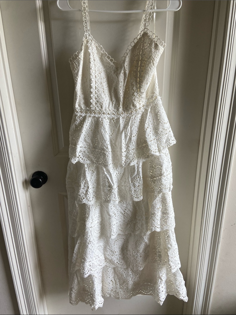 L'ATISTE White Lace Tiered Midi Dress with Spaghetti Straps